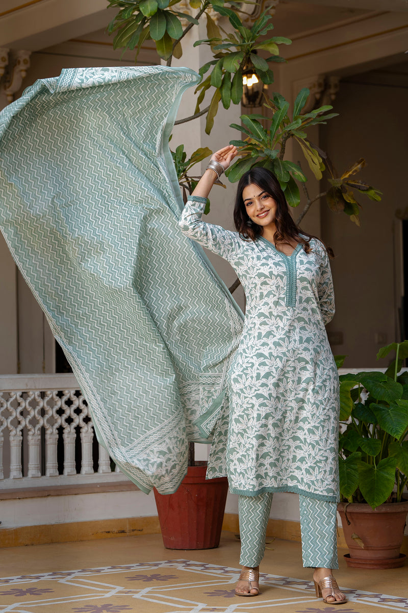 EthniFlair Floral Printed Mirror Work Kurta with Trousers & Dupatta