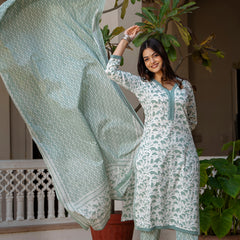 EthniFlair Floral Printed Mirror Work Kurta with Trousers & Dupatta