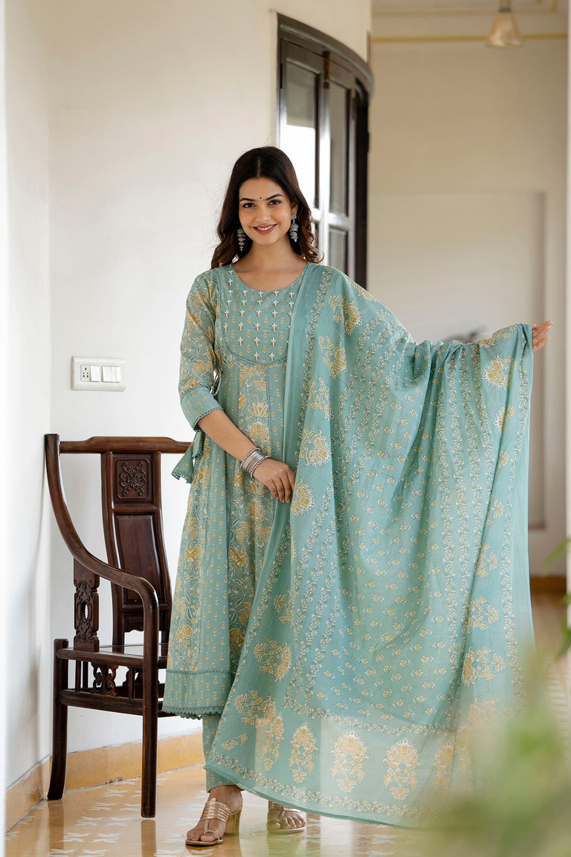 EthniFlair Floral Printed Panelled Aari Work Kurta with Trousers & Dupatta