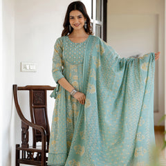 EthniFlair Floral Printed Panelled Aari Work Kurta with Trousers & Dupatta