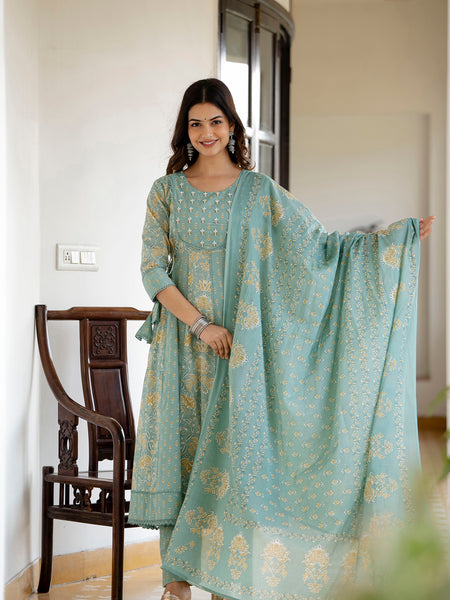 EthniFlair Floral Printed Panelled Aari Work Kurta with Trousers & Dupatta