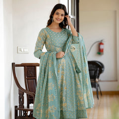 EthniFlair Floral Printed Panelled Aari Work Kurta with Trousers & Dupatta