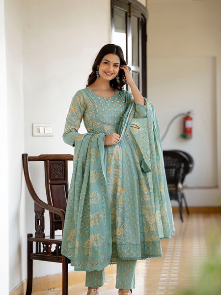 EthniFlair Floral Printed Panelled Aari Work Kurta with Trousers & Dupatta