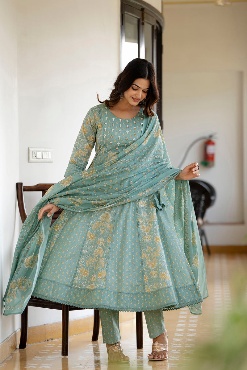 EthniFlair Floral Printed Panelled Aari Work Kurta with Trousers & Dupatta