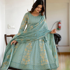 EthniFlair Floral Printed Panelled Aari Work Kurta with Trousers & Dupatta