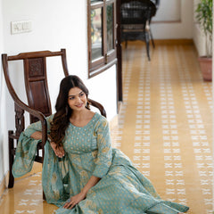 EthniFlair Floral Printed Panelled Aari Work Kurta with Trousers & Dupatta