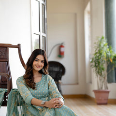 EthniFlair Floral Printed Panelled Aari Work Kurta with Trousers & Dupatta