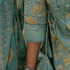 EthniFlair Floral Printed Panelled Aari Work Kurta with Trousers & Dupatta