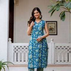 EthniFlair Women Cotton Lace Motifs Sleeveless Straight Kurta Pant Dupatta Set