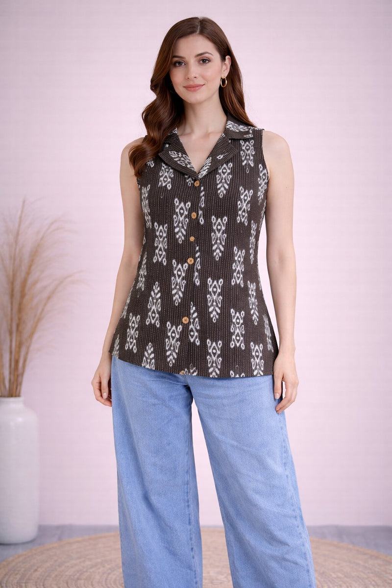 Women Cotton Kantha Work Collared Button-up Kurti