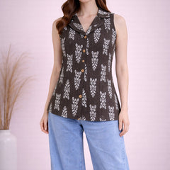 Women Cotton Kantha Work Collared Button-up Kurti