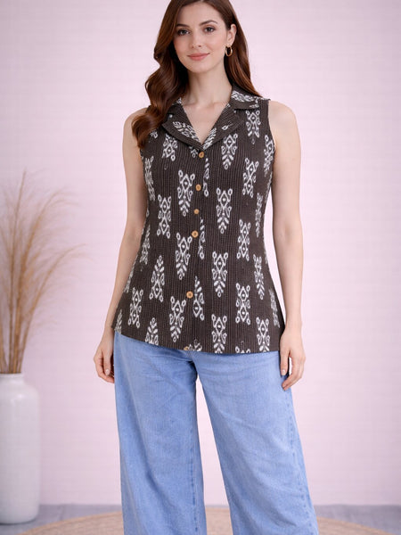 Women Cotton Kantha Work Collared Button-up Kurti