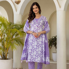 EthniFlair Women Cotton Pintucks detail Straight kurta Pant & Dupatta