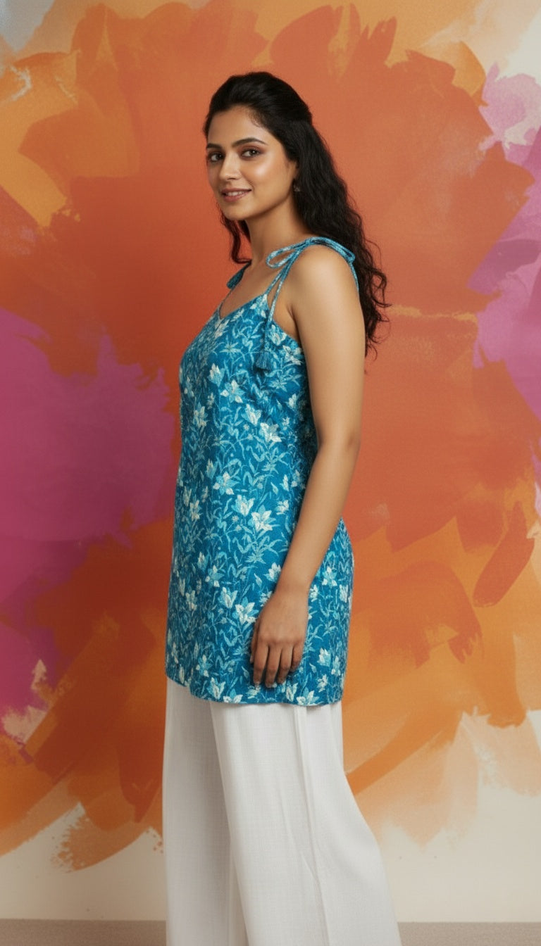 Women Cotton Floral Tie-up Straight Kurti