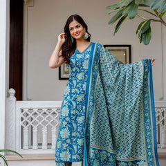 EthniFlair Women Cotton Lace Motifs Sleeveless Straight Kurta Pant Dupatta Set