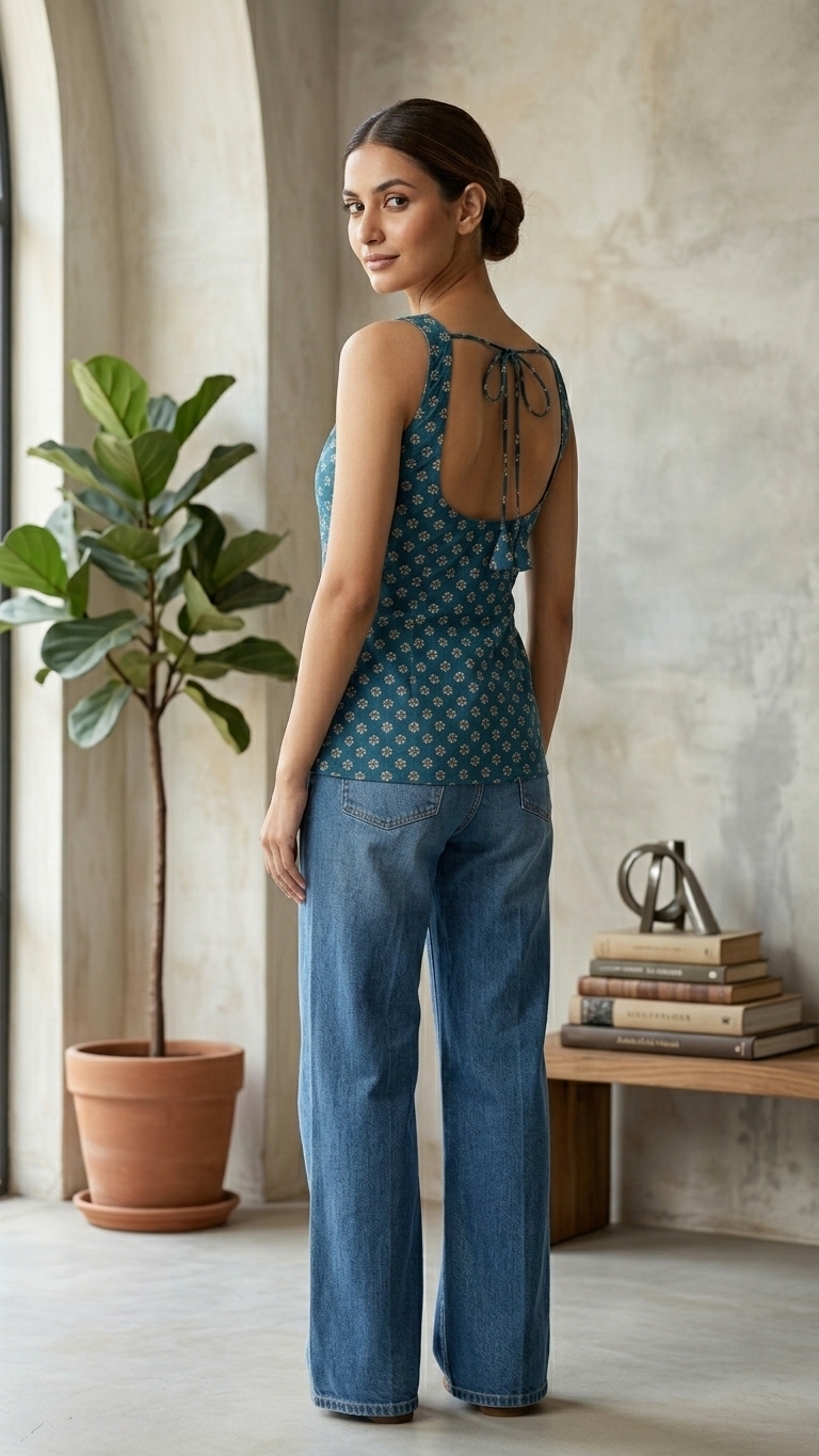 Cotton Blue Floral Square neck Kurti