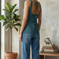 Cotton Blue Floral Square neck Kurti