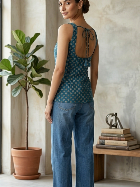 Cotton Blue Floral Square neck Kurti
