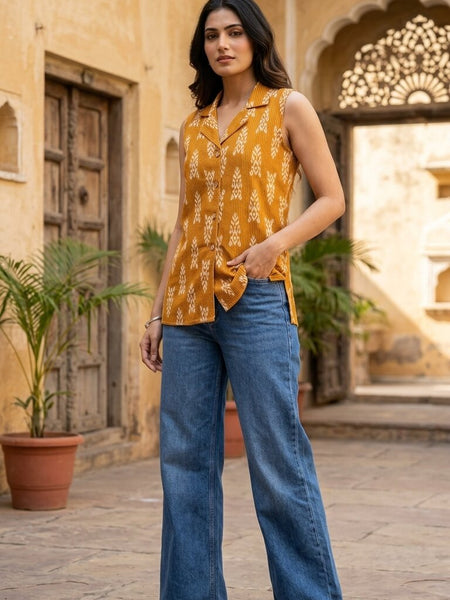 Women Cotton Kantha Work Collared Button-up Kurti