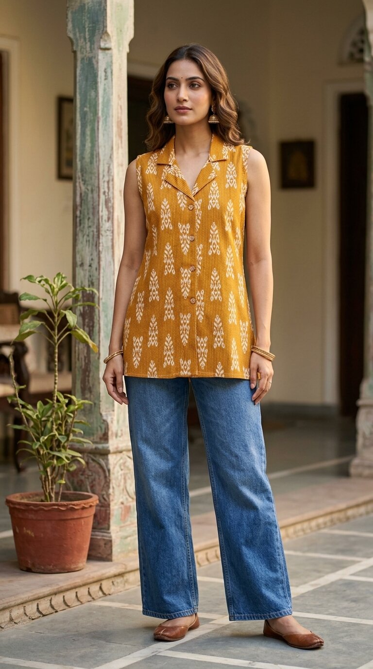 Women Cotton Kantha Work Collared Button-up Kurti