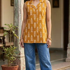 Women Cotton Kantha Work Collared Button-up Kurti