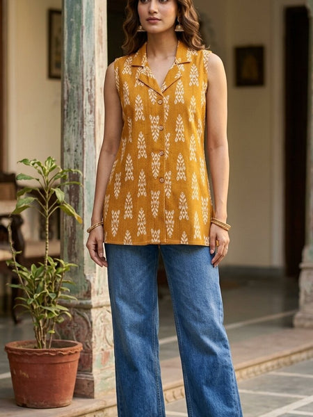 Women Cotton Kantha Work Collared Button-up Kurti