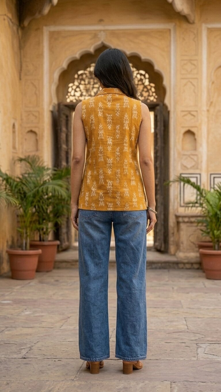 Women Cotton Kantha Work Collared Button-up Kurti