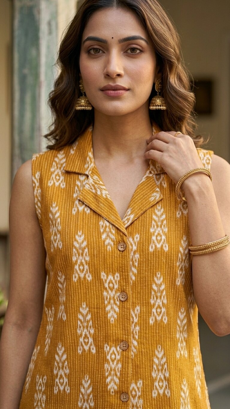 Women Cotton Kantha Work Collared Button-up Kurti
