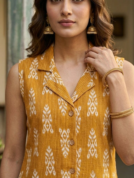 Women Cotton Kantha Work Collared Button-up Kurti