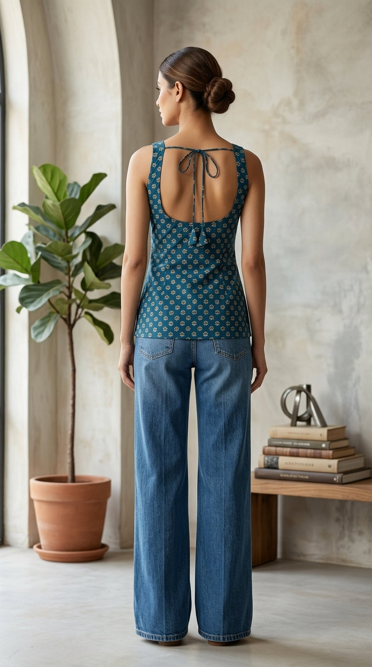 Cotton Blue Floral Square neck Kurti