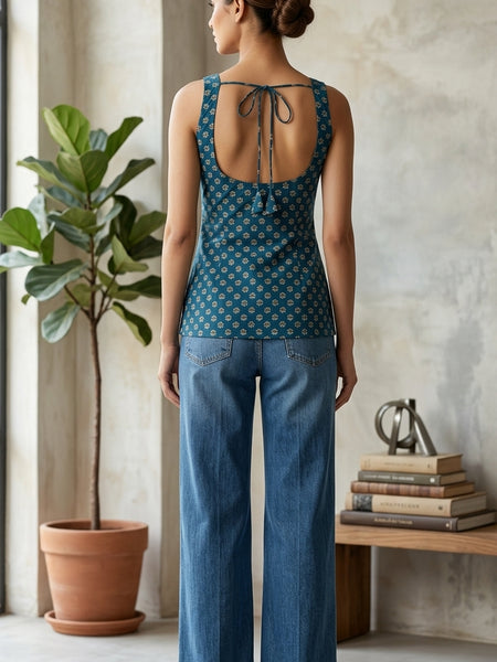 Cotton Blue Floral Square neck Kurti