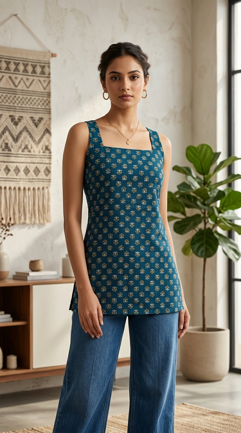 Cotton Blue Floral Square neck Kurti