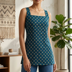 Cotton Blue Floral Square neck Kurti