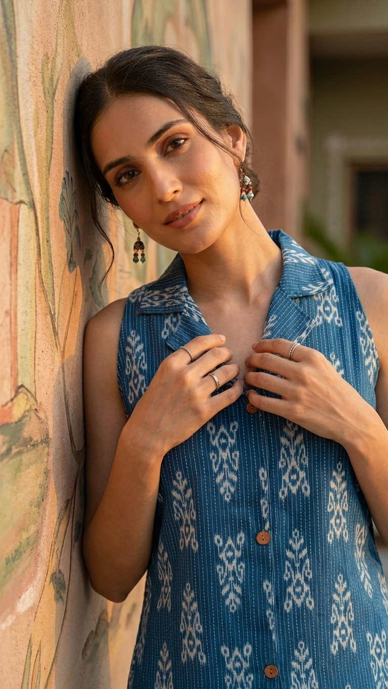Women Cotton Kantha Work Collared Button-up Kurti
