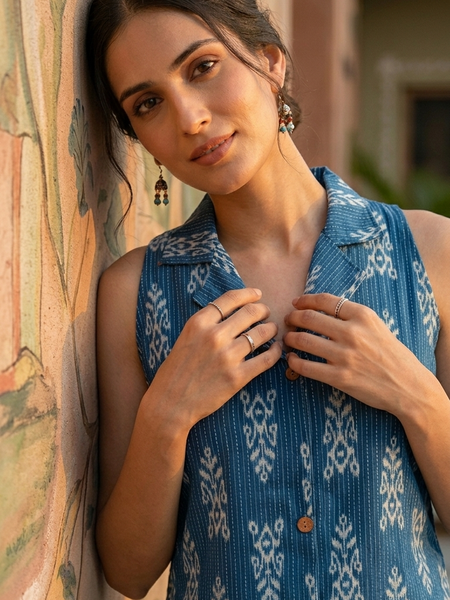 Women Cotton Kantha Work Collared Button-up Kurti