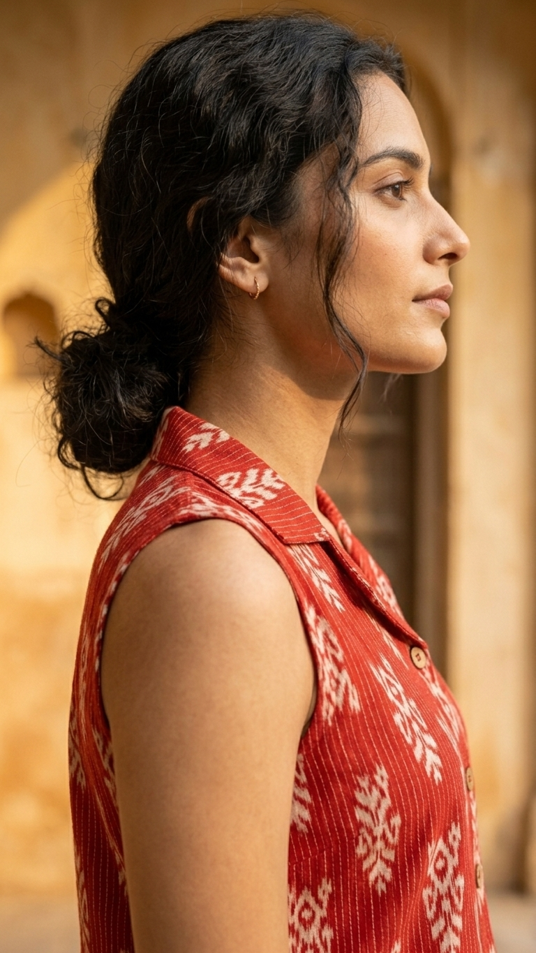 Women Cotton Kantha Work Collared Button-up Kurti