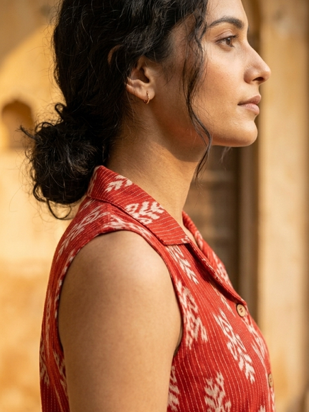 Women Cotton Kantha Work Collared Button-up Kurti