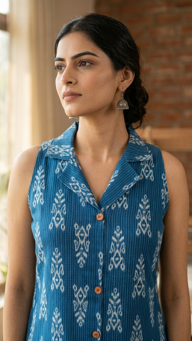 Women Cotton Kantha Work Collared Button-up Kurti