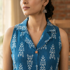 Women Cotton Kantha Work Collared Button-up Kurti