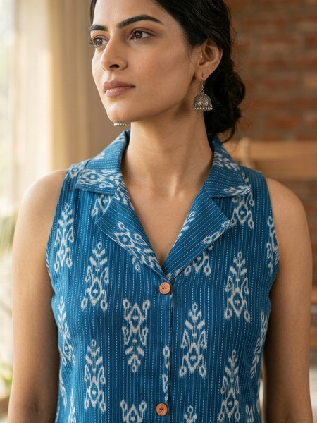 Women Cotton Kantha Work Collared Button-up Kurti