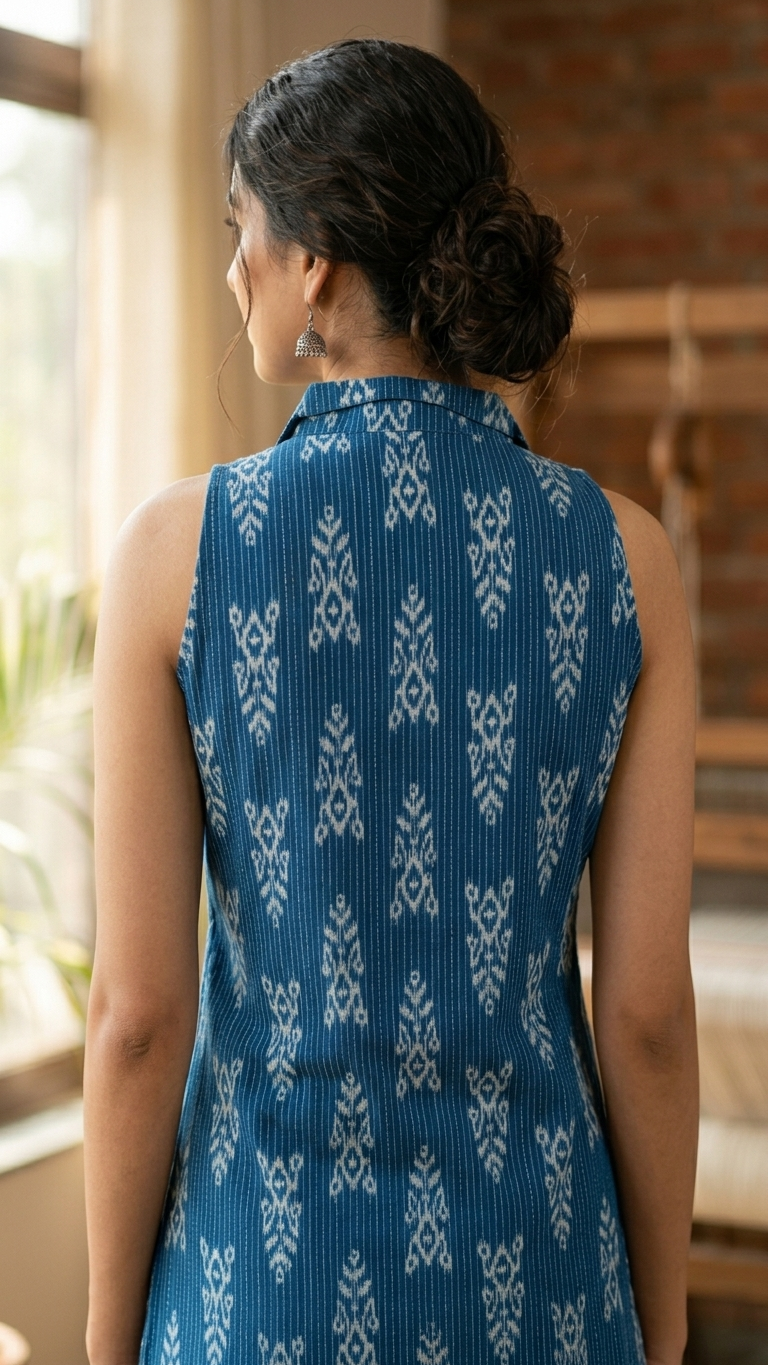 Women Cotton Kantha Work Collared Button-up Kurti
