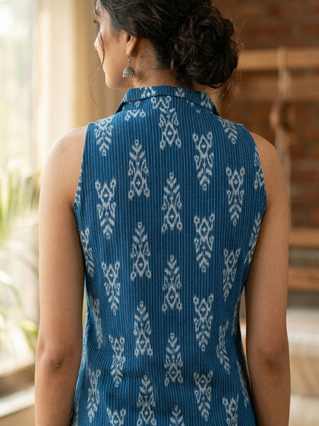 Women Cotton Kantha Work Collared Button-up Kurti