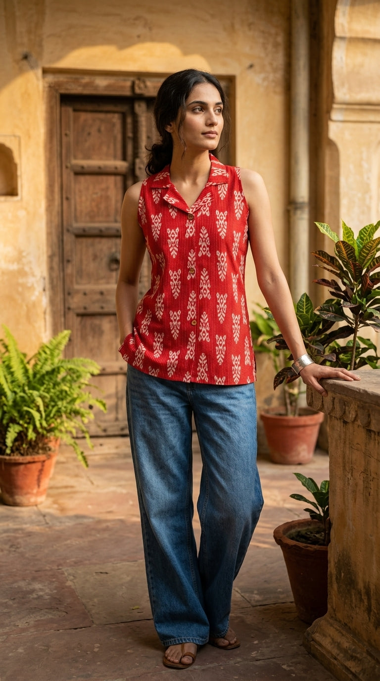 Women Cotton Kantha Work Collared Button-up Kurti