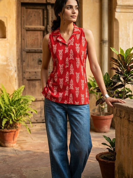 Women Cotton Kantha Work Collared Button-up Kurti