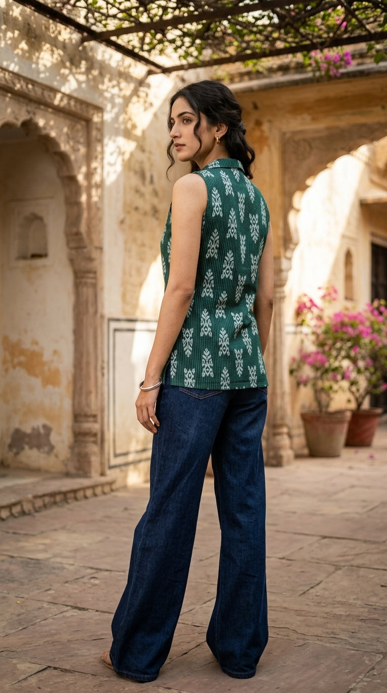 Women Cotton Kantha Work Collared Button-up Kurti