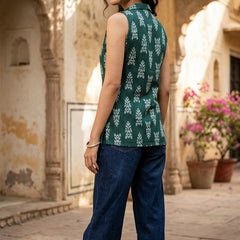 Women Cotton Kantha Work Collared Button-up Kurti