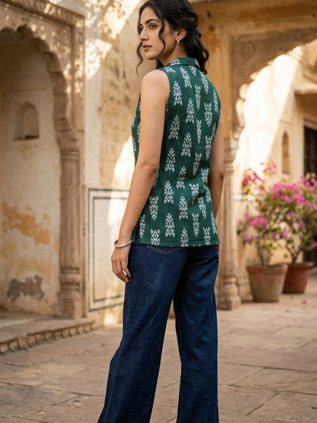 Women Cotton Kantha Work Collared Button-up Kurti