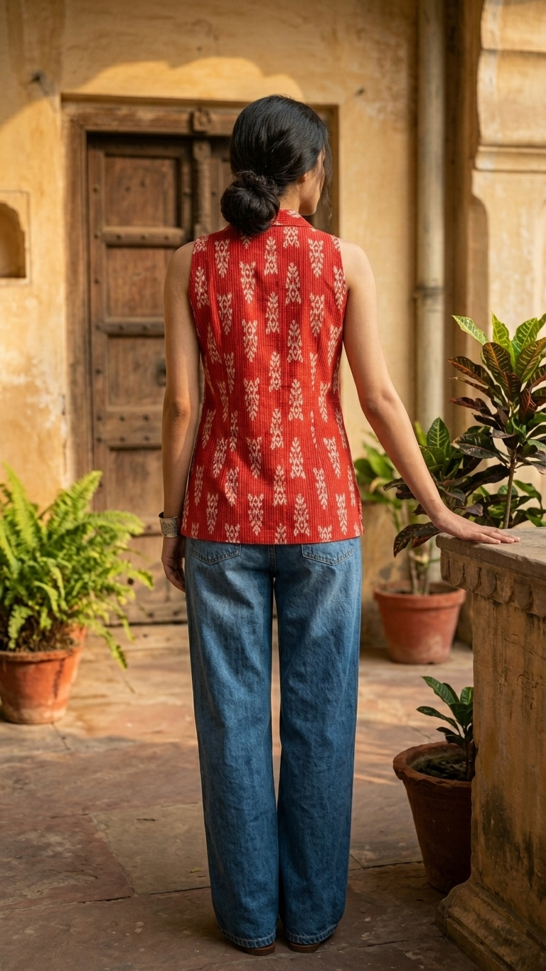 Women Cotton Kantha Work Collared Button-up Kurti