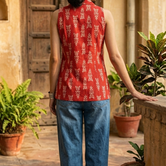 Women Cotton Kantha Work Collared Button-up Kurti