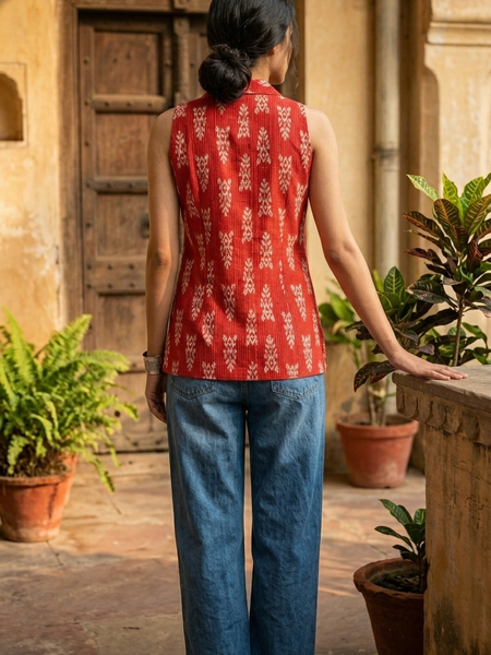Women Cotton Kantha Work Collared Button-up Kurti